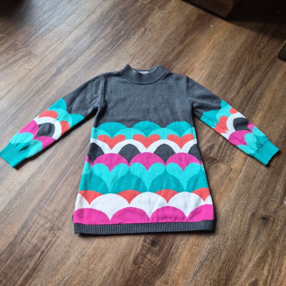 Boboli Girls Gray Teal Pink Heart Scallop Knit Sweater Dress Size 3 98cm Kidcore